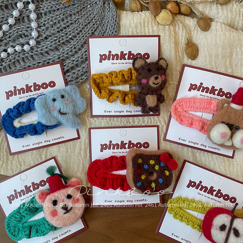 New Korean-style handcrafted wool felt hair clips for children, cute little bear Bye-bye clips, autumn side broken bangs clips for girls Specification image