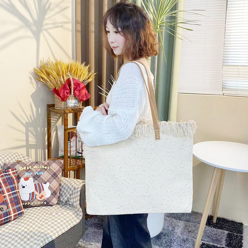 Cross-Border Canvas Bag, Fringed Handbag, Large-Capacity Portable Japanese Solid Color Fringed Tote Bag, Beach Bag, Fringed Woven Bag, Women's Single-Shoulder Handbag, Tote Bag, Women's Canvas Bag