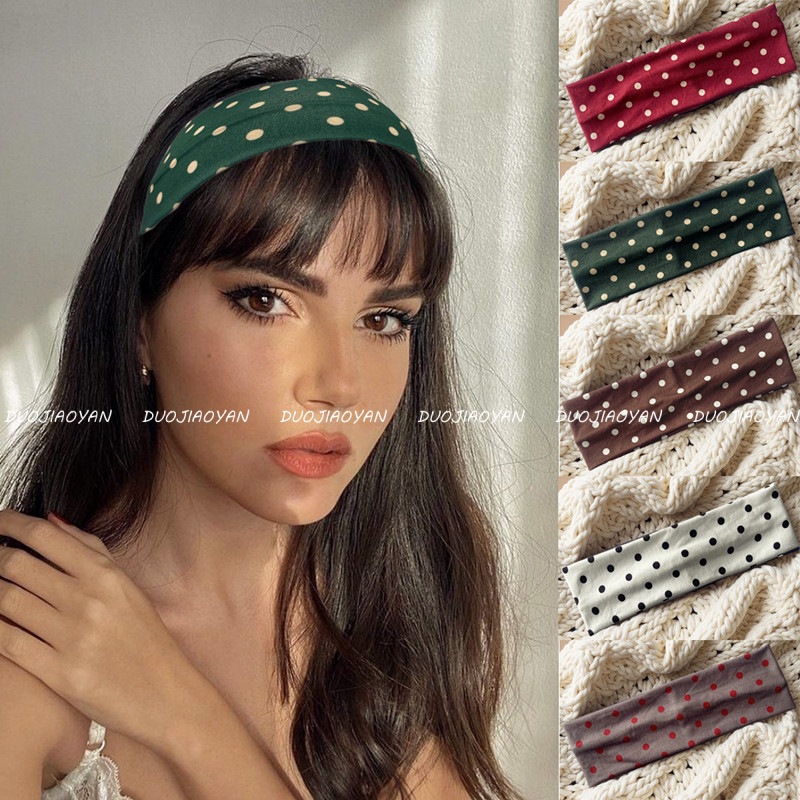 跨境新款复古波点发带高级感时尚圆点发饰瑜伽弹力运动头带头巾女