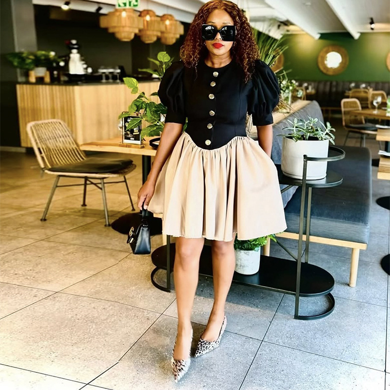 In-stock European and American cross-border women's clothing 2025 summer new style fashionable princess sleeve button pleated short skirt dress Specification drawing
