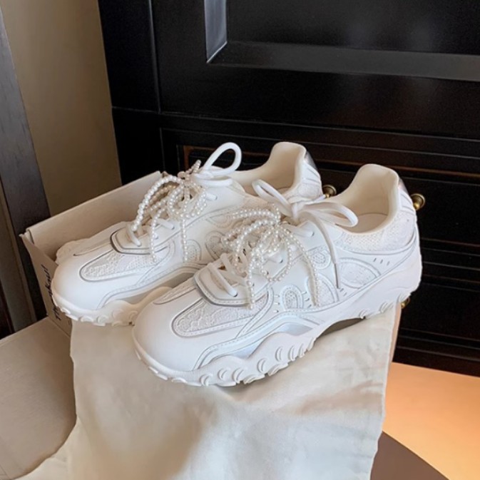 Cowhide version of Yuanlitong thick-soled sports shoes 2025 Pearl lace-up retro dad shoes Women's insole height-increasing training shoes for women Specification image