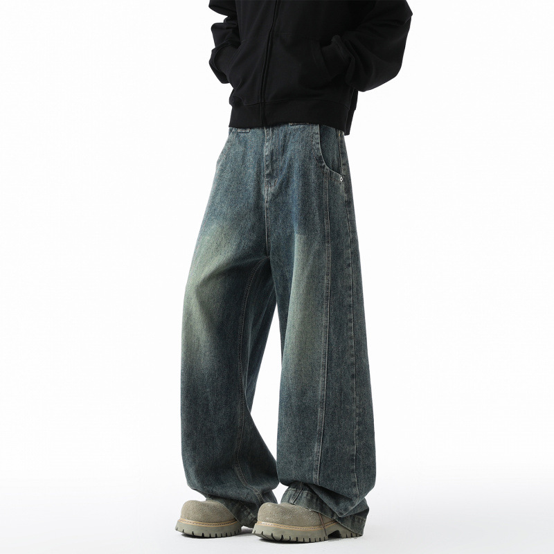 美式高街阔腿牛仔裤男秋季宽松直筒休闲长裤男生水洗复古弯刀裤子