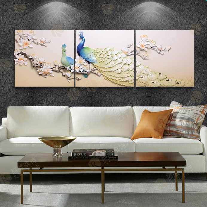 Fu escultura decoración 3D handmade tridimensional relieves pavo real tríptico moderno y simple sala de estar sofá fondo pintura decorativa de pared details Picture