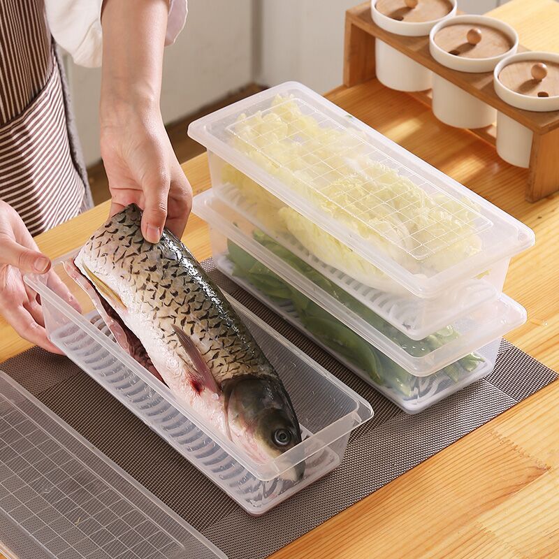 热销厨房冰箱透明海鲜食物沥水保鲜盒 密封收纳盒 水果蔬菜保鲜盒