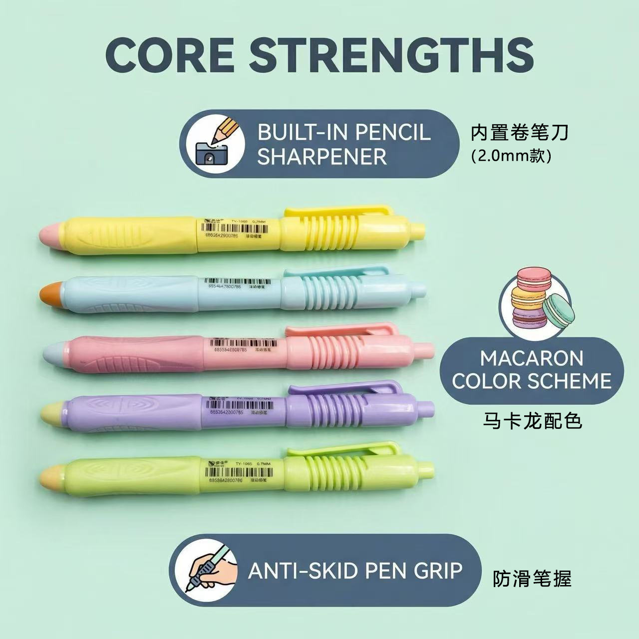 Press the automatic pencil 2.0mm, 0.5mm, 0.7mm macaron color-blocking with built-in pencil sharpener for office and student details Picture
