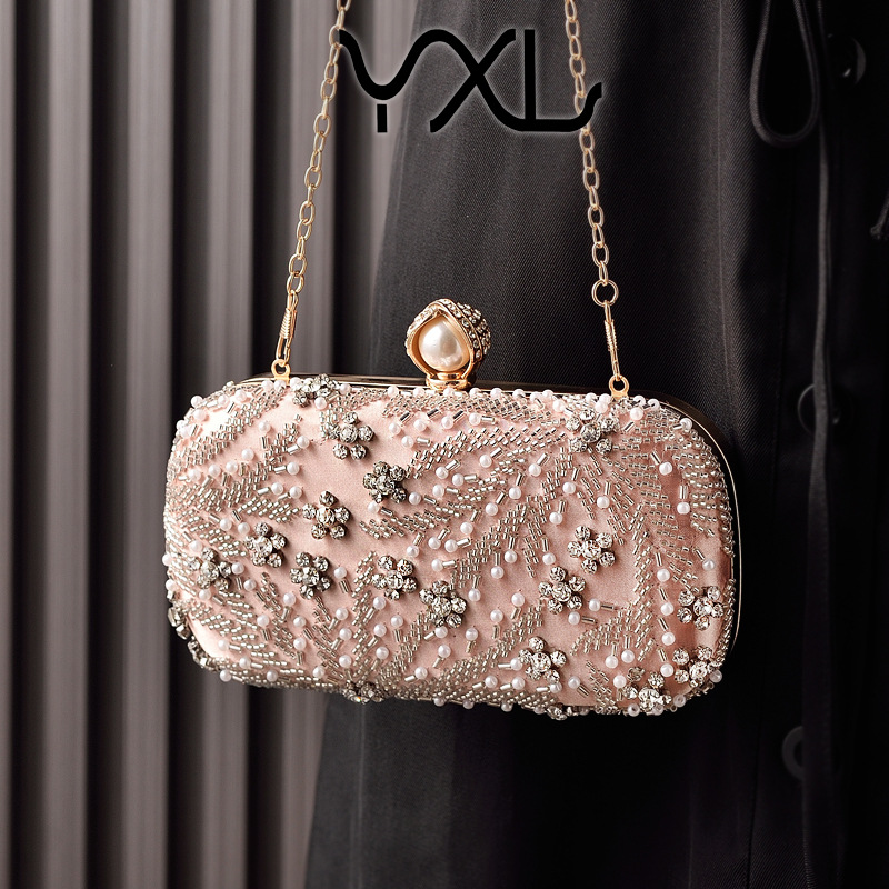 New cross-border beaded evening bag, embroidered diamond evening dress bag, party banquet bag, champagne-colored dress bag, bride bag full image