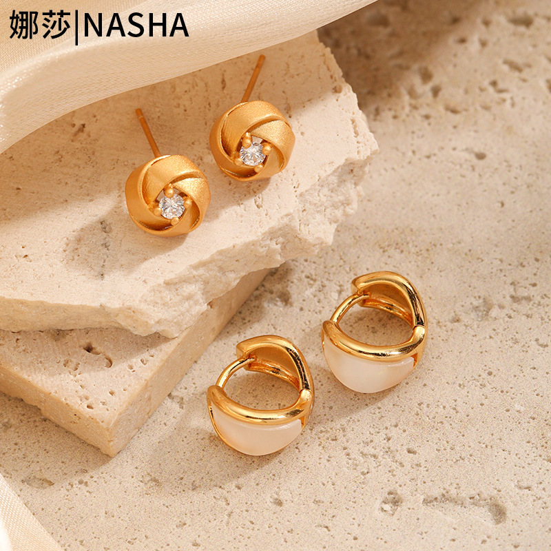 娜莎欧美跨境铜镀18K真金金色玫瑰气质高级感耳环S925银针耳钉女