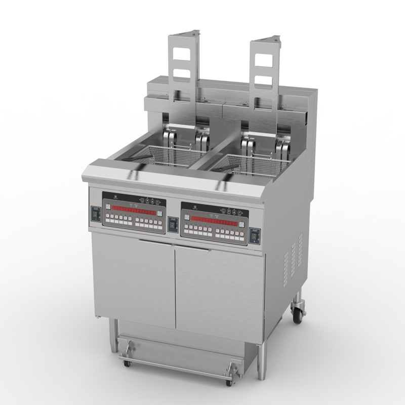 The OFE-H226 is a commercial electric deep fryer that can be lifted up and down. It is a flat tube fryer with a reversible oil filter Application Scenario