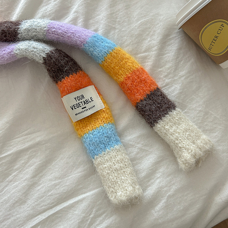 Dopamine pure color-blocked striped autumn and winter long strip small scarf for women, Korean style Instagram atmosphere, versatile neck brace Item Picture