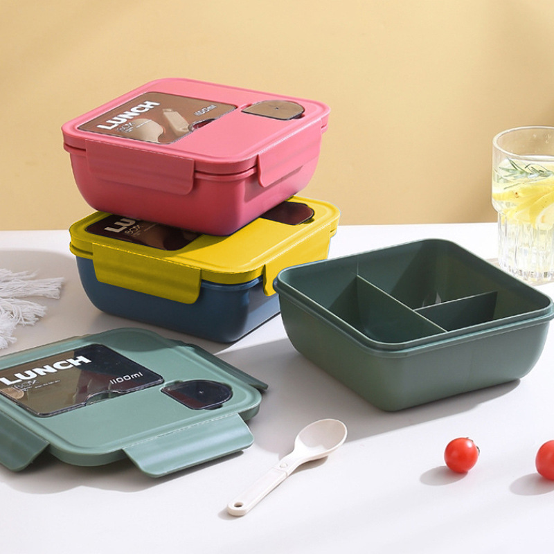 塑料饭盒微波炉学生分格便当盒带餐具酱料盒密封午餐盒方形