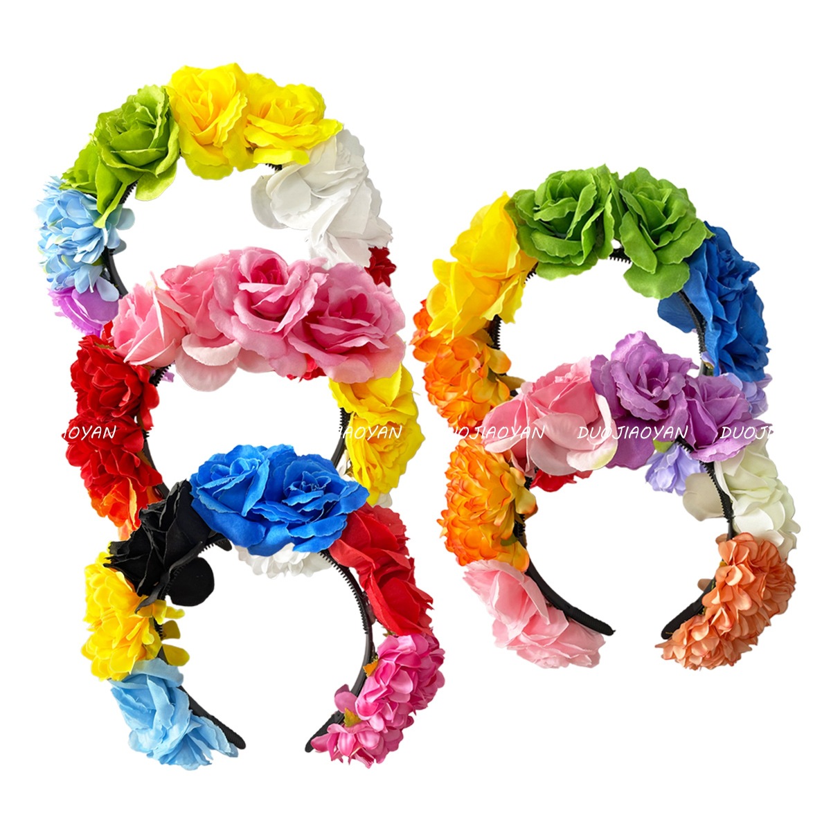 The new cross-border flower headband, featuring colorful and realistic flowers, is a high-end hair accessory with a high top of the head. It is a carnival style headband for women Application Scenario