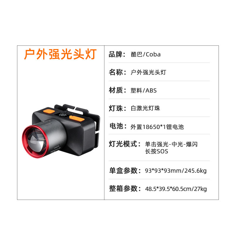 Cross-border outdoor telescopic zoom fishing miner's lamp, strong light, ultra-bright, long-lasting, waterproof, rechargeable lithium battery headlamp Specification image
