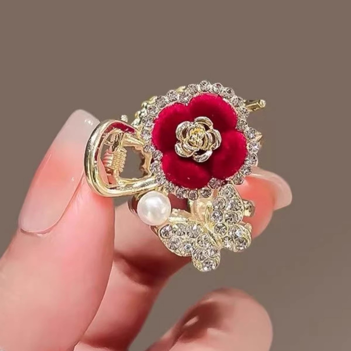 植绒红色花朵抓夹小号公主头发夹碎发夹甜美可爱金属刘海夹侧边夹