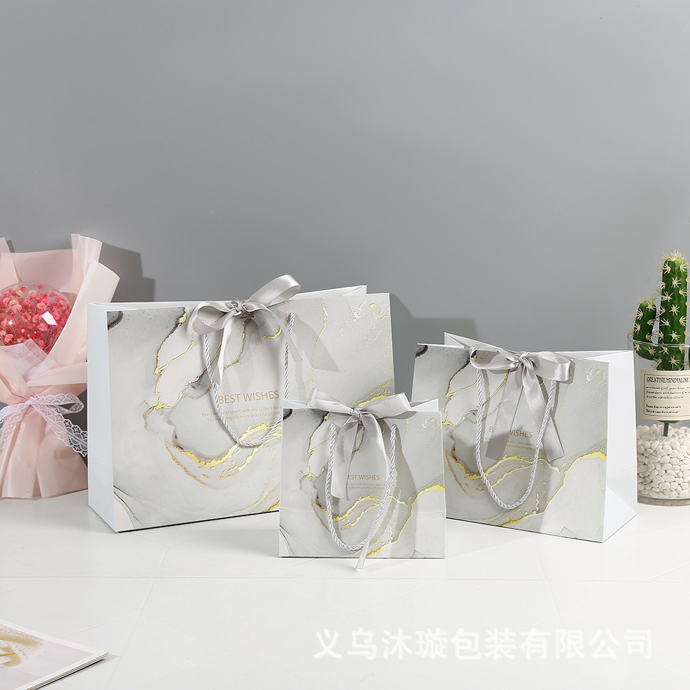 Gift packaging bags, gift bags, bow, clothing store packaging bags, marble-patterned hand-held gift bags, logo printing details Picture