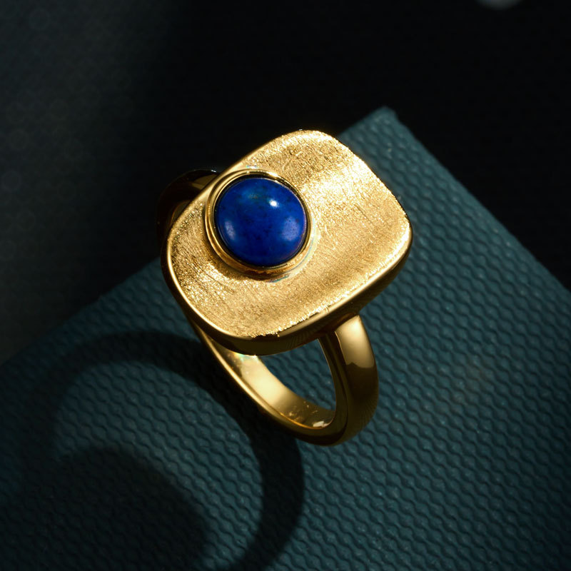 Light luxury retro geometric square brushed open ring, copper alloy real gold electroplated natural stone adjustable index finger ring Application Scenario