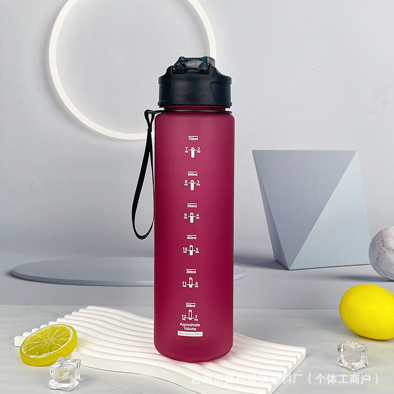 Cross-border simple plastic water cup, space cup, straw cup, lifting rope, outdoor sports, 750ml men's jumping lid, shockproof Specification image