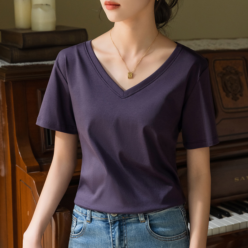 80 reverso mercerizado algodón manga corta camiseta mujer 2025 nueva mujer temperamento cuello en v cuerpo de algodón cubierta de barriga top details Picture