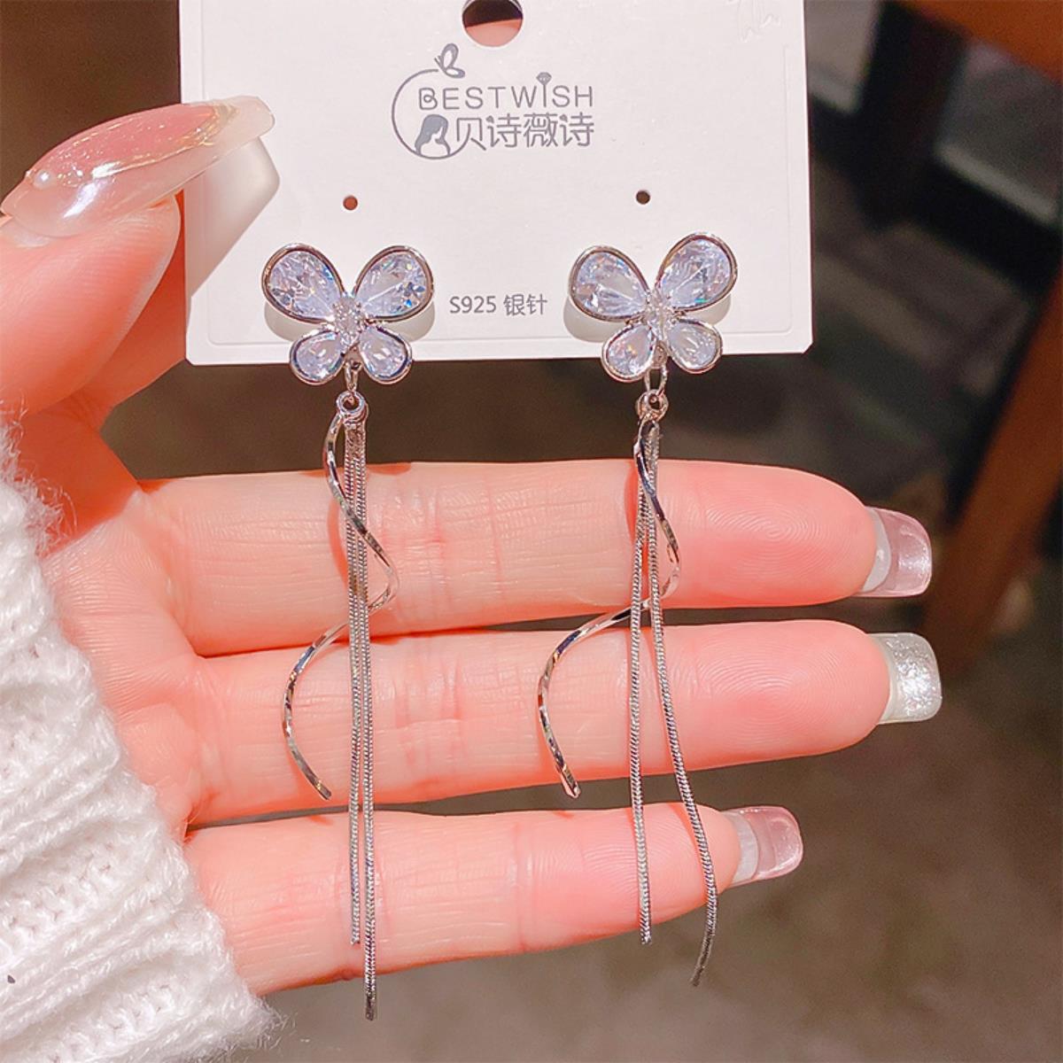 【流苏】精致超仙气质显脸瘦长款锆石耳环 银针韩版高级感耳钉饰细节图