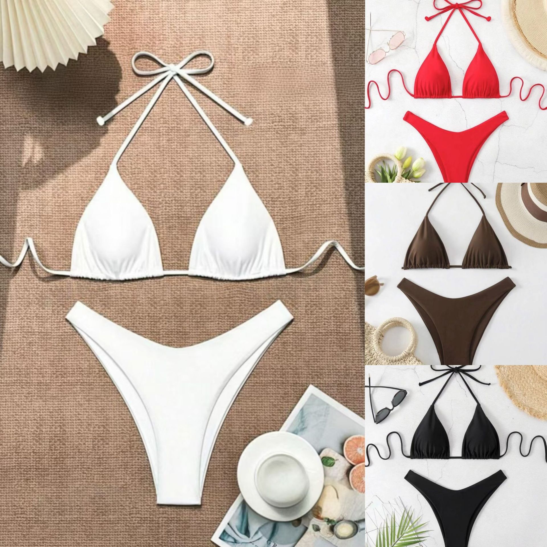 2026 New European and American strappy bikini swimsuit for women, solid color two-piece set, sexy split swimsuit cross-border