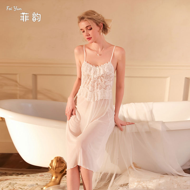 Feiyun's new long, sheer, court-style pajamas, see-through seductive nightwear, and sexy lace patchwork home wear, 533 Specification image