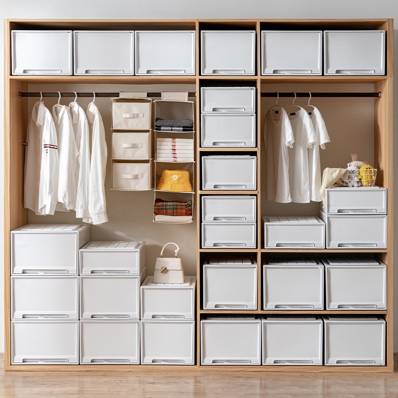 We produce and wholesale thickened drawer-type storage boxes that can be stacked with drawer cabinets and transparent household clothing organization and storage boxes