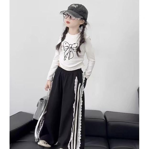 Girls' long-sleeved T-shirt 2025 new set for children's autumn top, stylish bow base layer, wide-leg pants