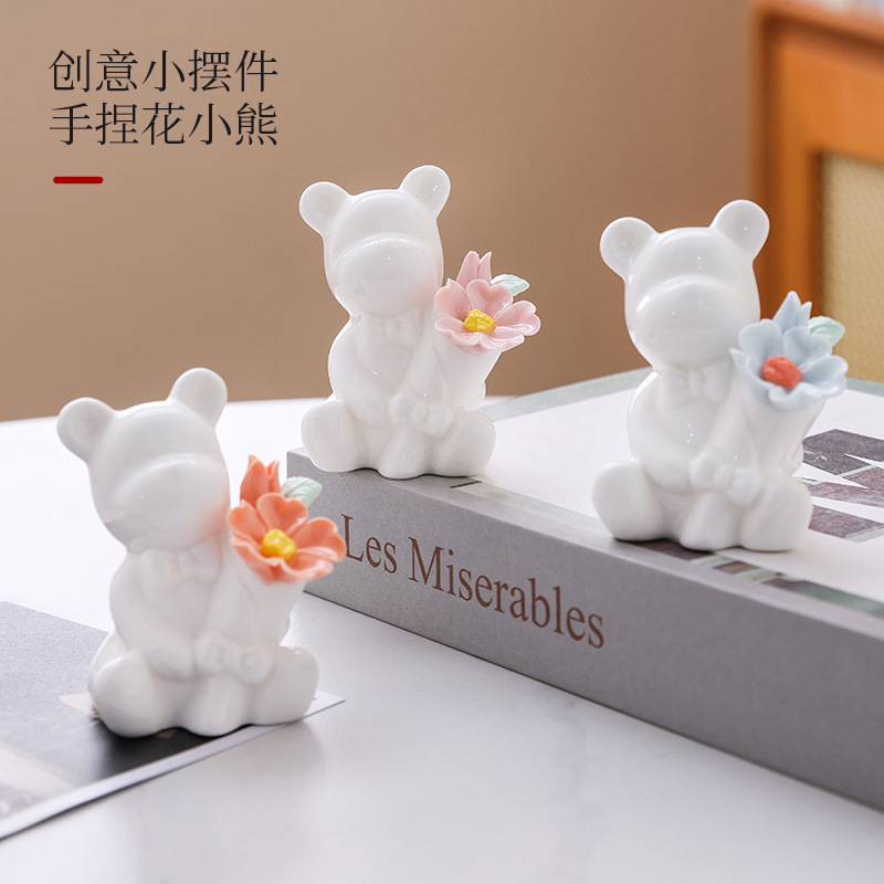 2026 Chinese-style creative ceramic ornaments, hand-molded mini cartoon bear, white high-end home decoration handicrafts details Picture