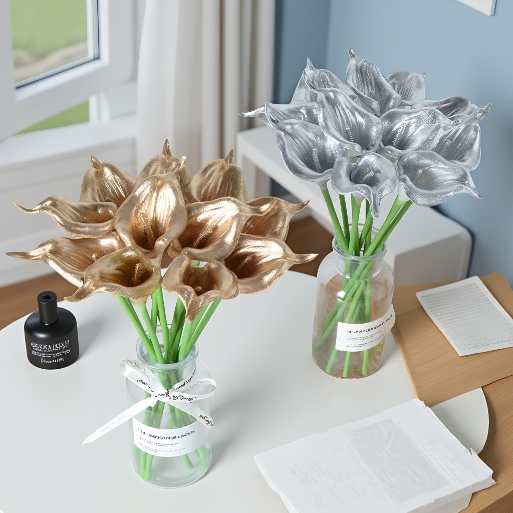 仿真金色马蹄莲金色郁金香银色马蹄莲 郁金香仿真花装饰摄影道具