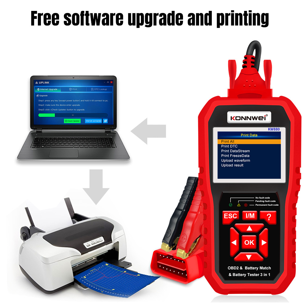 The customized KW880 is a three-in-one machine that integrates automotive diagnostic tools, automotive battery testers, and automotive battery matching details Picture
