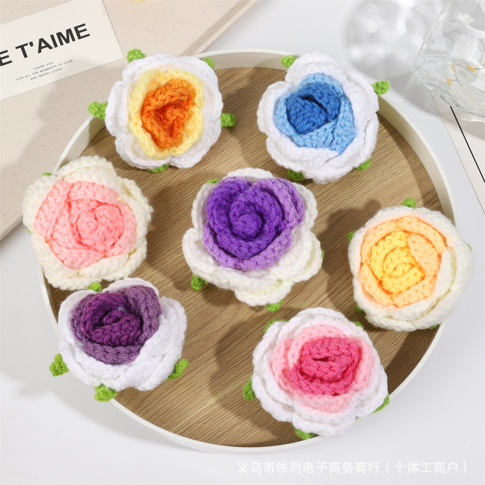 创意手工编织玫瑰花仿真花束花头毛线花朵diy服装头箍小配件批发