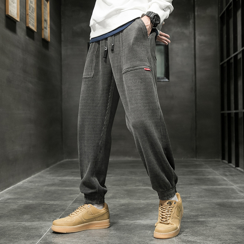 Corduroy men's trousers in Korean style 2025 autumn and winter, tight-fitting casual pants, oversized and sporty sweatpants, Harem pants details Picture