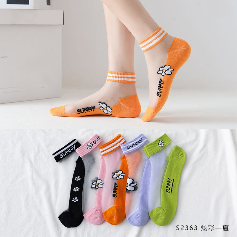 Women's socks, small Daisy summer thin all-cotton soled crystal socks, ins trendy spring and autumn transparent invisible short socks