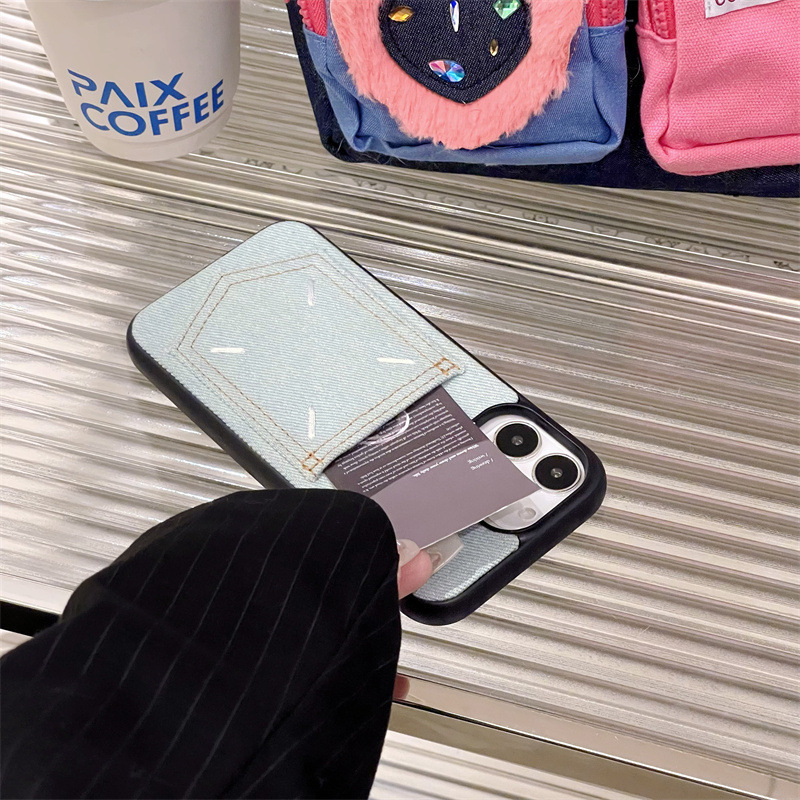 The 17promax phone case made of European and American denim card insert is suitable for iPhone16. It features a full leather cover with 15 embroidery and 14 hard case Specification image