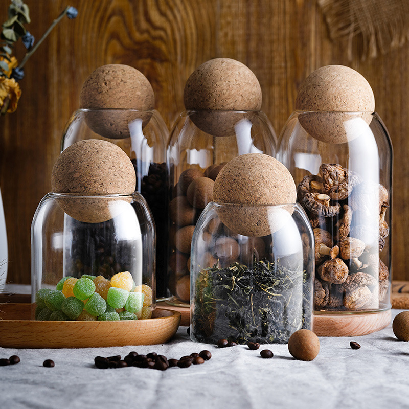 Round cork stopper glass sealed jar flower and fruit tea coffee bean display bottle, kitchen grain storage bottle in stock