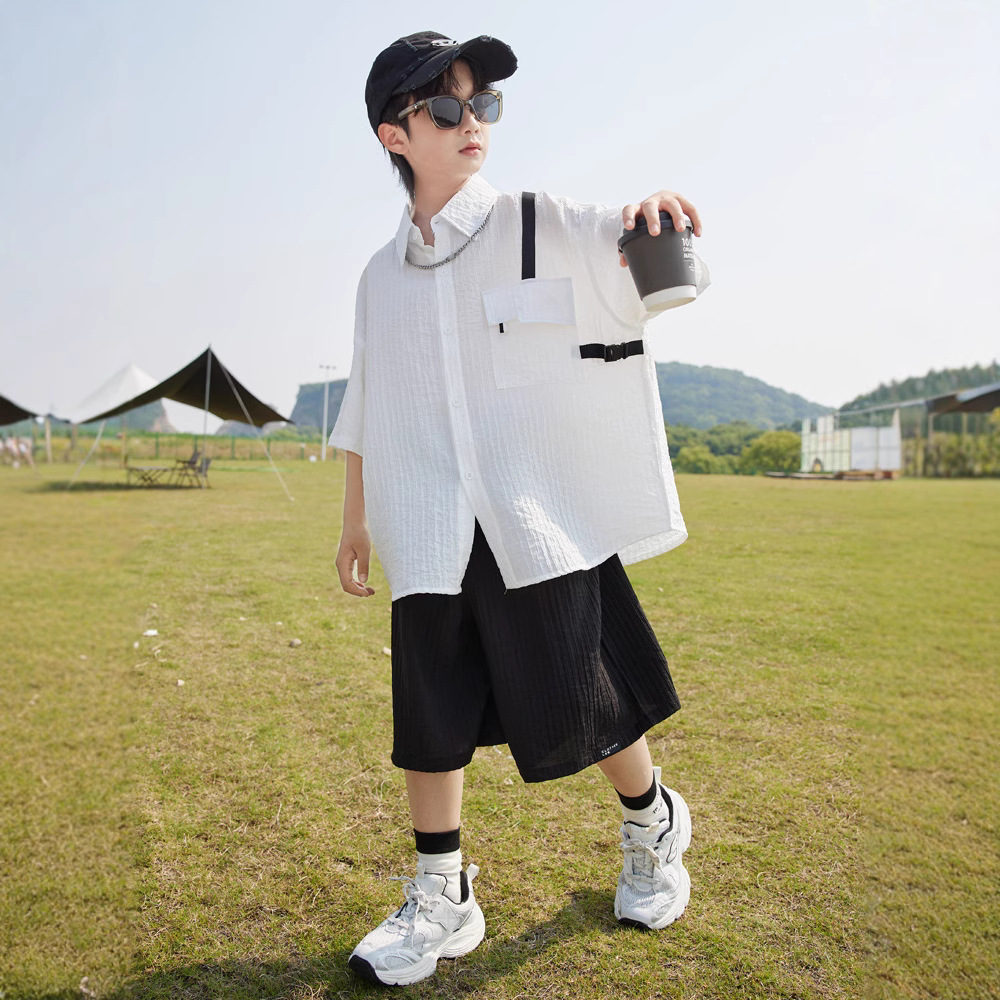 Niño traje de verano 2026 nuevo niño verano fino blusa manga corta niño medio grande estilo de verano chic boy trendy details Picture