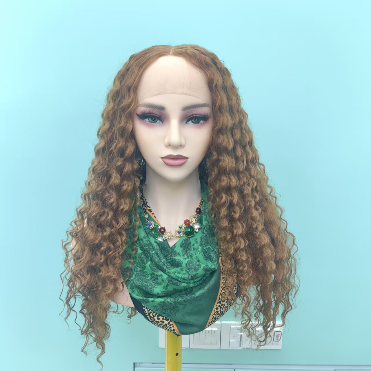 跨境前蕾丝假发头套女士小卷中分全头套黄色