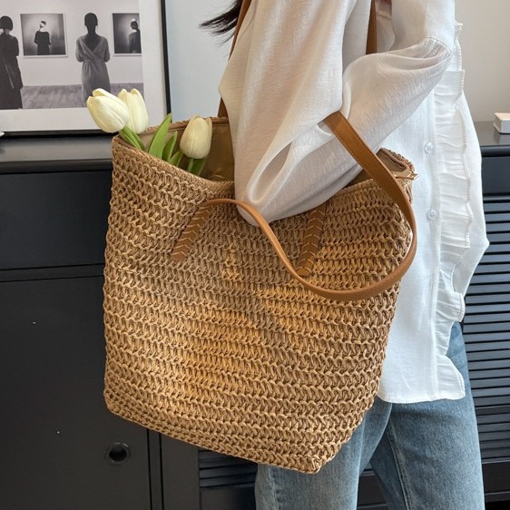 Bolso de paja transfronterizo bolso de paja versátil de moda viaje bolso de playa de gran capacidad bolso de axila bolso de paja de tote bolso de mano tejido bolsa de paja de playa hecha a mano Specification image