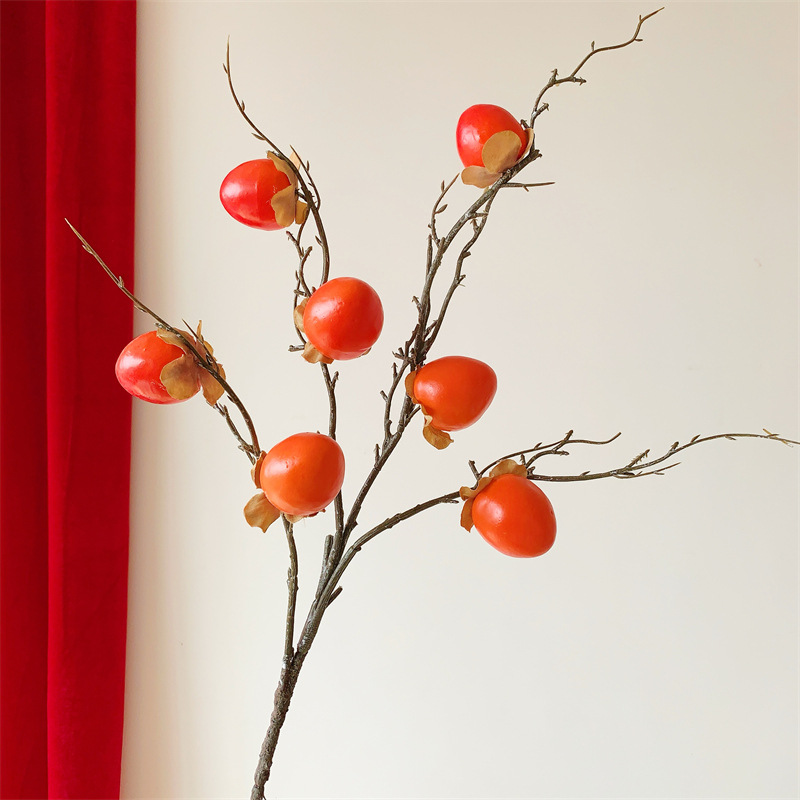 7头仿真柿子果实树枝假花过年摆设客厅柿柿如意装饰插花束摆件细节图