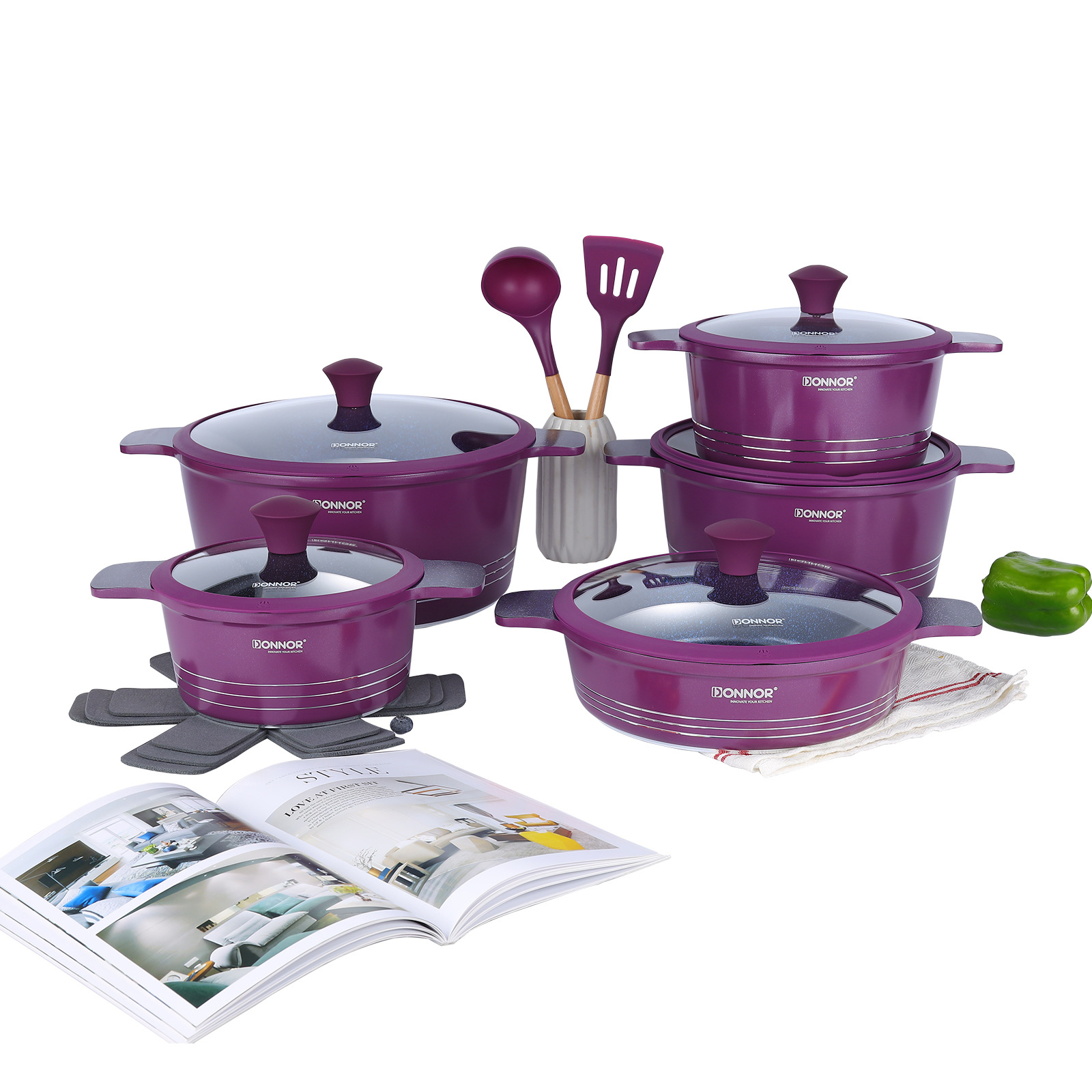 Magnífico conjunto de 15 piezas olla cocina inferior coche olla antiadherente para el hogar olla de cocina para el hogar conjunto de utensilios