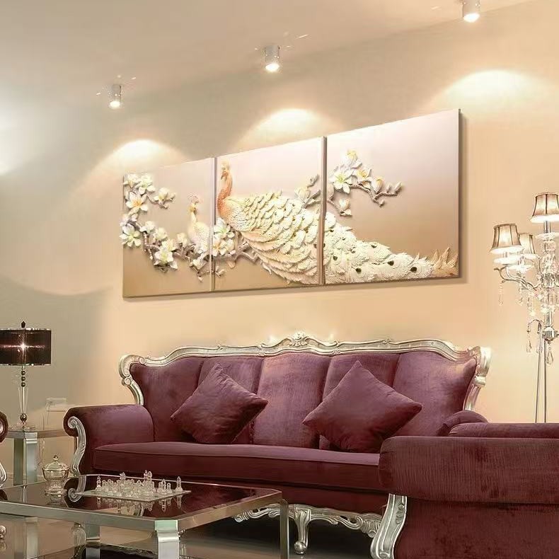 Fu escultura decoración 3D handmade tridimensional relieves pavo real tríptico moderno y simple sala de estar sofá fondo pintura decorativa de pared
