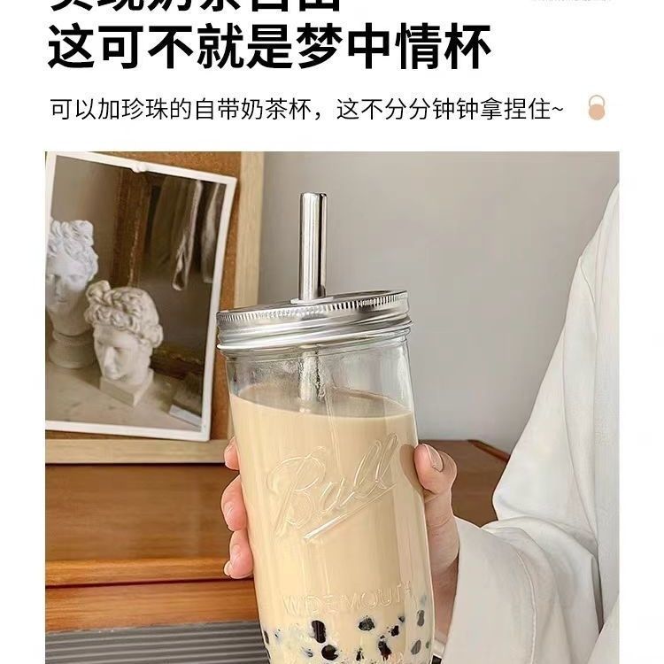 2025 High Appearance level Bubble milk Tea Glass Cup Mason Cup Straw Large Capacity Homemade Cold Drink Cup Specification image
