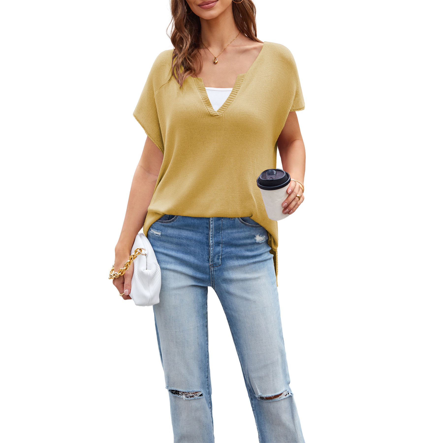 New V-neck loose plus-size casual European and American women's pullover short-sleeved knitted sweater for Spring/Summer 2026 cross-border Amazon Item Picture