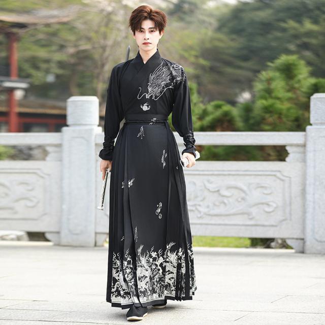 Order for Chinese trend Hanfu men's Chinese-style embroidered cross-collar long-sleeved gold-embossed horse-face skirt Hanfu women's martial arts style set details Picture
