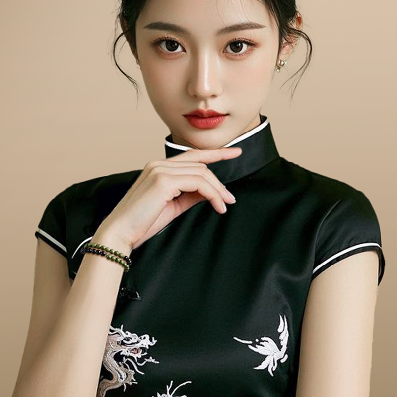 天然绿檀木双圈手串男女款黑曜石檀香木质佛念珠复古盘玩手链礼物产品图