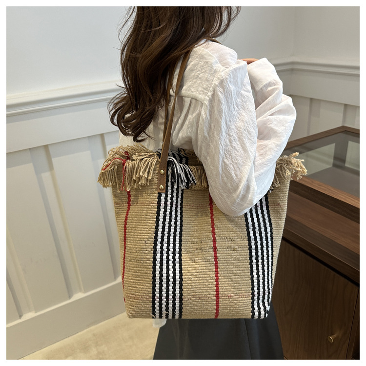 Cross-Border Canvas Bag, Fringed Handbag, Large-Capacity Portable And Simple Tote Bag, Commuting Fringed Bag, Retro Checkered Fabric Handbag, Single-Shoulder Handbag, Tote Bag, Women's Canvas Bag Specification drawing
