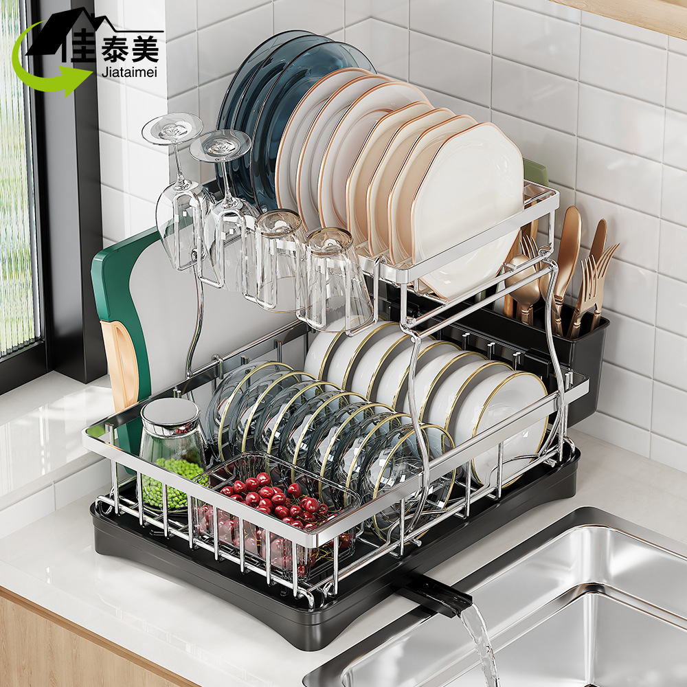 304不锈钢碗碟架双层简易水槽旁碗碟刀叉沥水架家用餐具收纳碗架