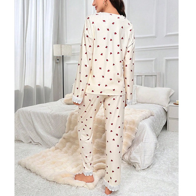 European and American style heart-shaped printed long-sleeved shirts, long pants, maternity wear, pajamas, women's sets, new spring and summer loose and comfortable home wear Specification image