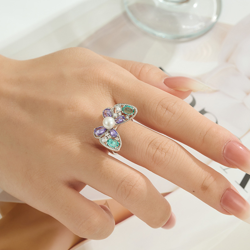 Dopamine purple-blue contrasting butterfly opening ring, copper alloy inlaid with zircon glass pearl adjustable exquisite ring details Picture