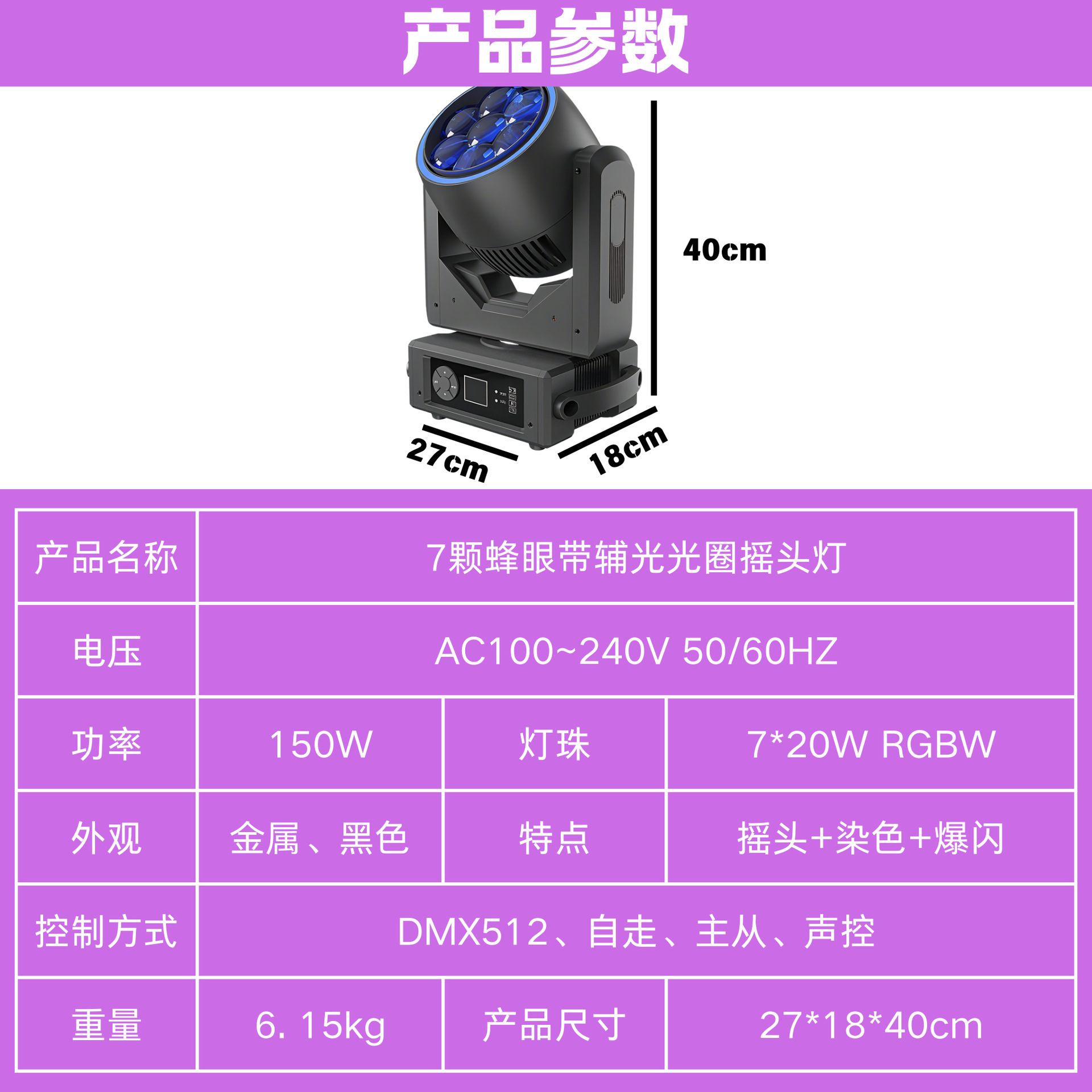 The manufacturer is selling 7 pieces of 20W bee eye moving head light with aperture stage lighting equipment, large wedding stage, bar and nightclub atmosphere creation, focusing and coloring lights details Picture