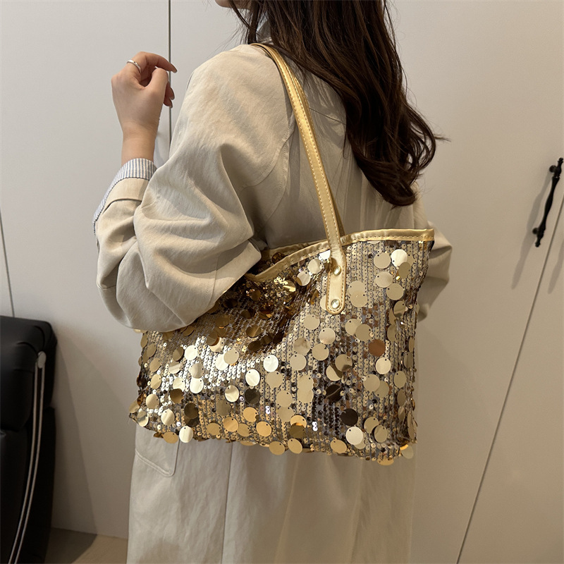 Cross-border casual bag, women's trendy sequined bag, fringed new women's bag, single-shoulder handbag, large capacity, versatile for commuting, tote bag, sequined bag Specification image